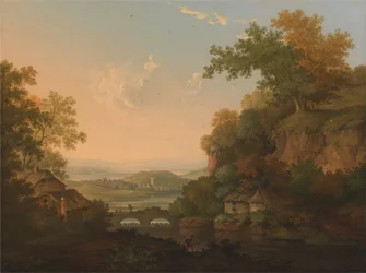 Flusslandschaft mit strohgedeckten Hütten an einer Brücke über ein Wehr